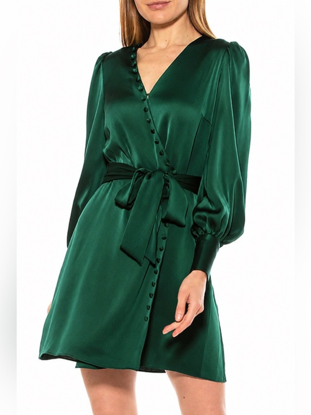 ALEXIA ADMOR Women’s Emerald Satin Wrap Dress w/ Tie Waist and Button Up Detail